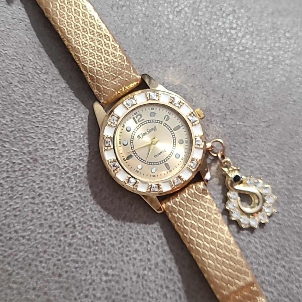 Kim Seng Quartz fashion Watch Gold white bling Dangle‎ charm